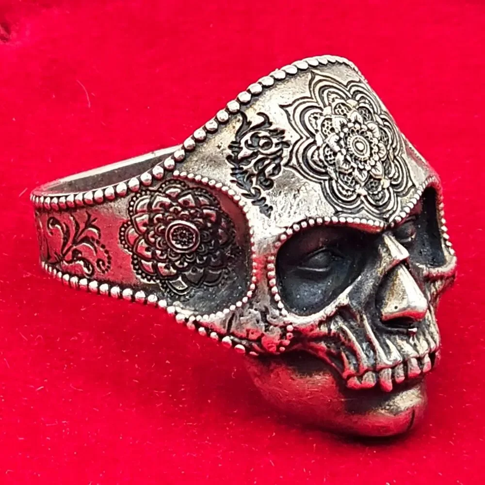 Copper Sterling Mandala Skull Ring Gothic Biker Jewelry Size 14.5 Statement Band
